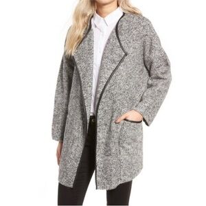 ASTR Cozy Gray Open Front Cardigan Coatigan with Pockets and Faux Leather Trim